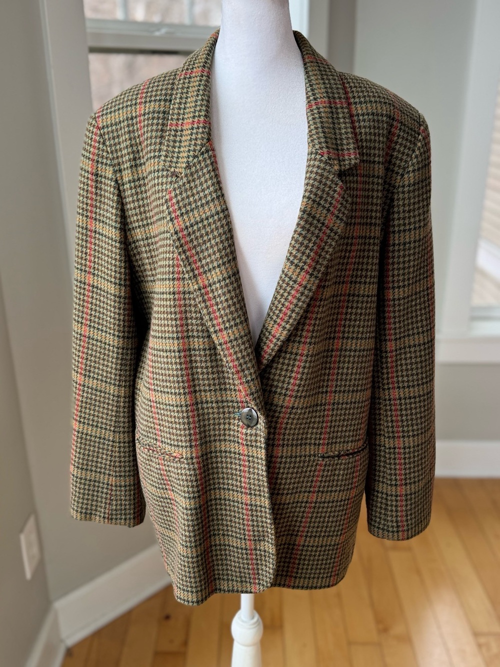 Vintage 80s 90s Requirements Wool Tweed Jacket Olive in Tan Red Plaid Sz 14